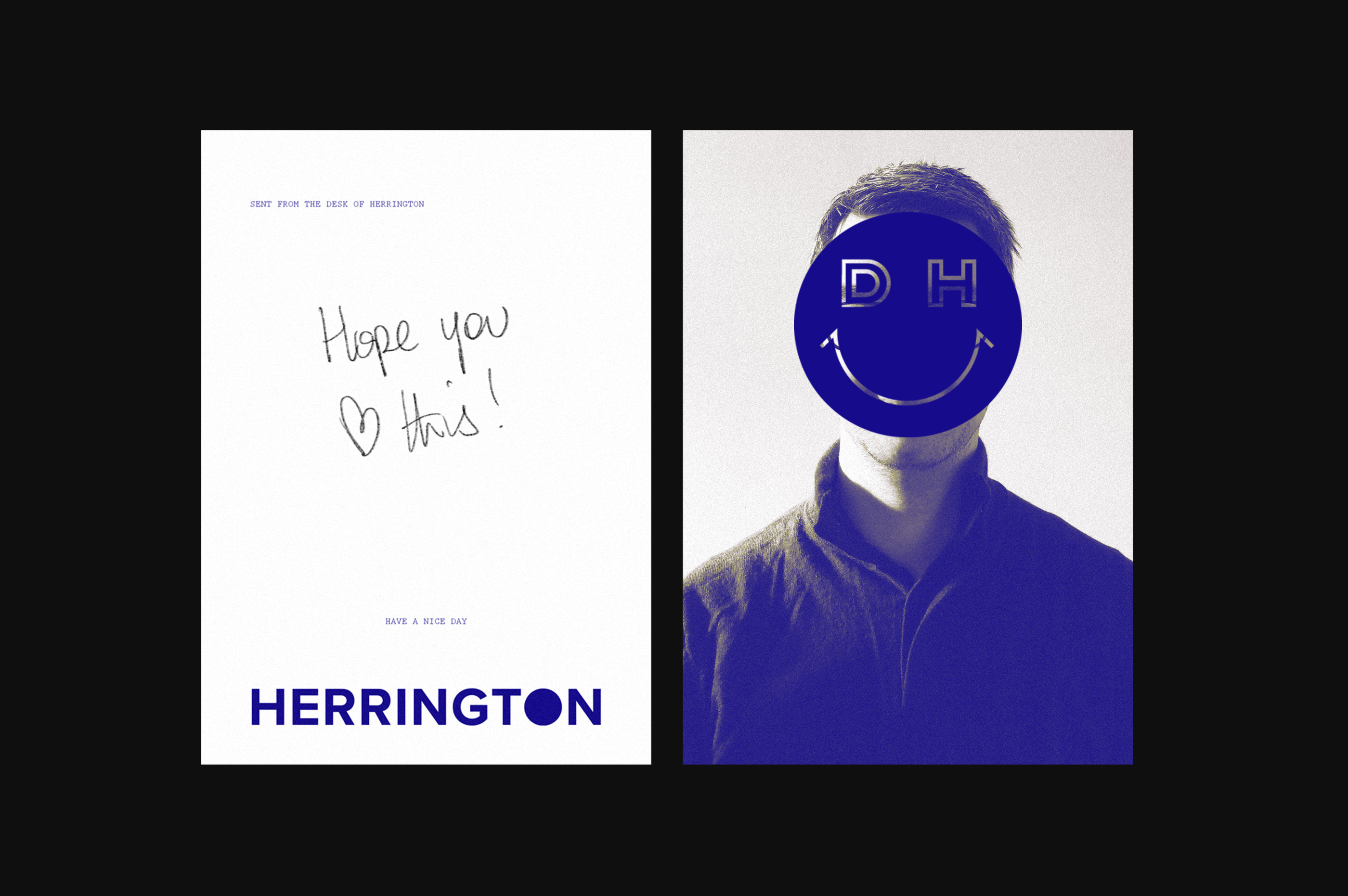 Damian Herrington visual identity HERRINGTON front and back stationery mockup.